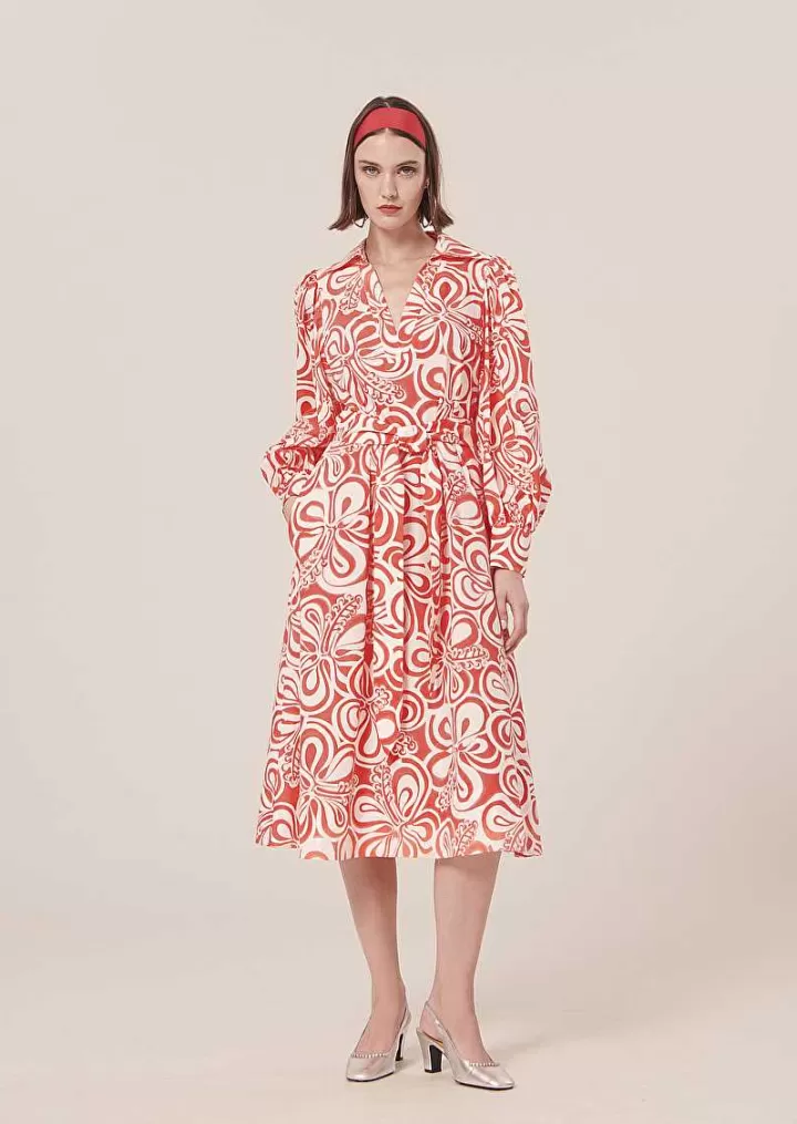 Robe Rivolta En Popeline A Motif Graphique Ecru Et Corail^TARA JARMON Store