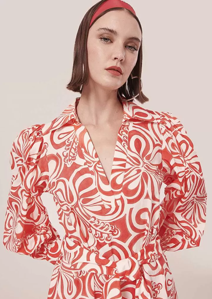 Robe Rivolta En Popeline A Motif Graphique Ecru Et Corail^TARA JARMON Store